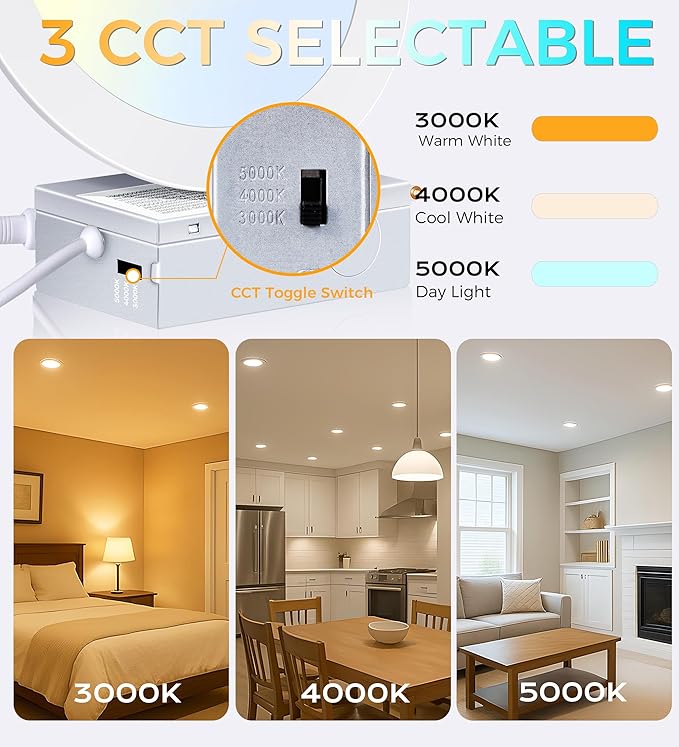 CLOUDY BAY 4 inch 3000K/4000K/5000K Three Color Temperature Selectable, Dimmable 10W CRI 90+, IC Rated,Ultra Thin Recessed Downlight with Junction Box, Canless Wafer Downlight,White Finish, 12 Pack