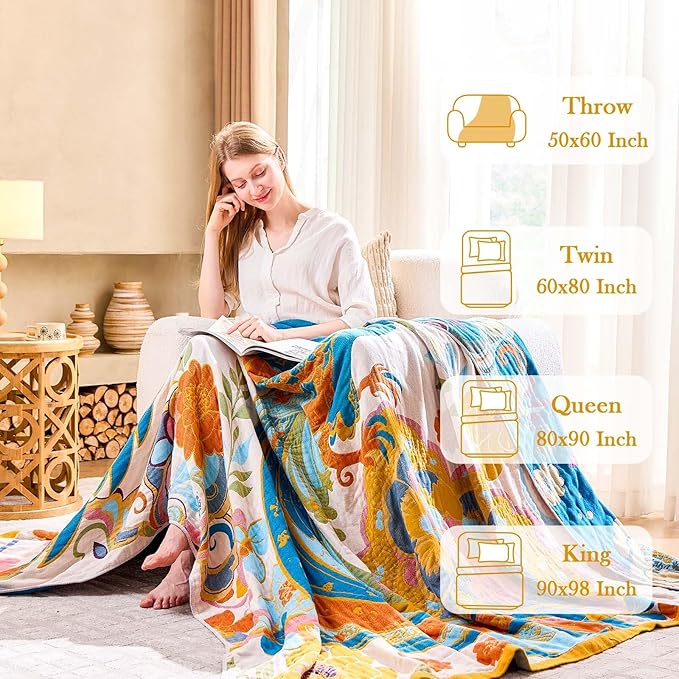 XIBLC Boho Throw Blanket, Lightweight Blankets for Summer, 100% Cotton Bohemian Decorative Throw Blanket, 80"x90" Reversible Muslin Breathable Woven Farmhouse Blankets Quilt,