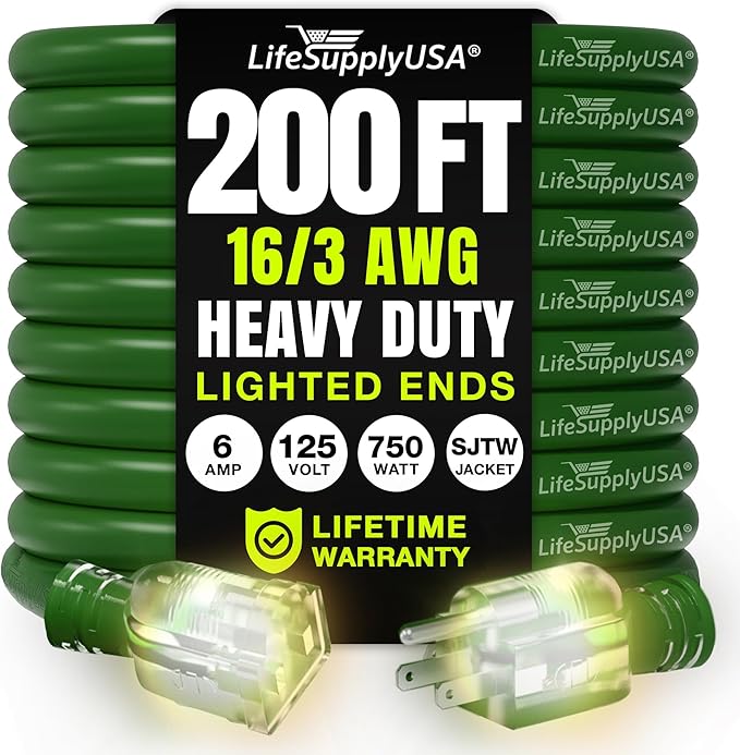 200ft Outdoor/Indoor Extension Cord 16/3 Gauge Heavy Duty 3 Prong SJTW, Waterproof, Flexible Cold-Resistant Long Power Cord,6A 125V 750W, Green by LifeSupplyUSA
