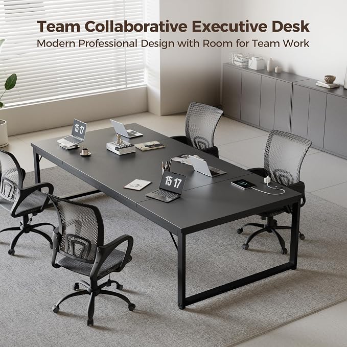Mericonia 63x28 Inch Computer Desk w/Power Outlets, 1.2" Thick Office Table | Modern Simple Style, Heavy Duty Industrial Frame, Large Study & Writing Table for Home Bedroom Work, Black