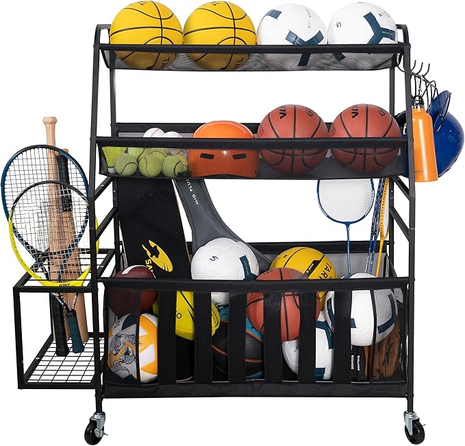 STORAGE MANIAC Ball Storage Bin Rolling Sports Ball Cart, Metal Garage Organizer Sport Rack Basketball Storage Cage for Garage or Gym, Indoor & Outdoor Sports Equipment Organizer