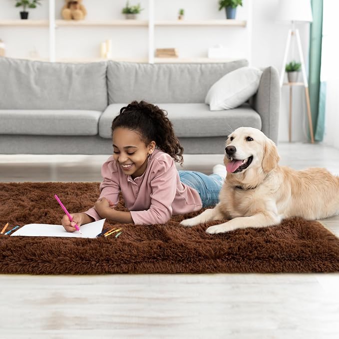 Tepook Soft Runner Rugs for Bedroom 2x6 ft with Rubber Backing, Brown Fluffy Rugs for Living Room, Shag Bedside Rug Fuzzy Plush Carpet for Room, Area Rug for Dorm Nursery Hallway Indoor Home Decor
