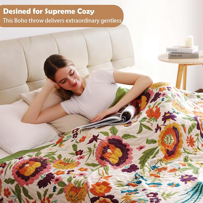 VANJOROY Boho Throw Blanket for Bed, 100% Organic Cotton Breathable Ultra Soft 60" x 80" Quilt Throw - All Season Floral Rustic Farmhouse Decor Luxury Reversible Blanket for Sofa Couch Chair and Gift