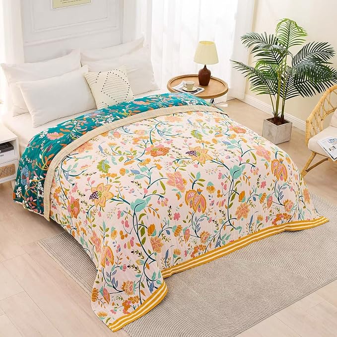 XIBLC Boho Throw Blanket for Bed, 100% Cotton Soft Rustic Quilt Fall Blanket, 80" 90" Floral Printed Farmhouse Decor Bed Blankets, All Season Rustic Reversible Bohemian Throw Quilt