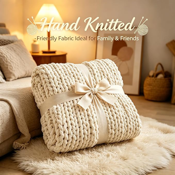 Chunky Knit Blanket Throw for Couch, 60"x80" Chunky Yarn Knitted Blankets | 100% Hand Knit Thick Chenille, Soft Breathable for Bed, Sofa, Home Decor, Cozy Gifts for Women Friends, Ivory