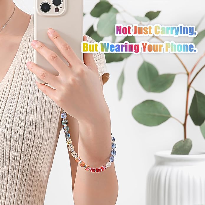 Phone Charm with Beaded Crystals, Anti-Theft Phone Strap, Hands-Free & Detachable Cellphone Lanyard, Cellphone Chain Wristlet with Tether Tab