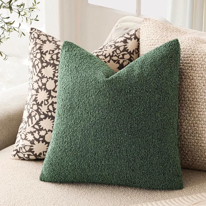 Foindtower Set of 2, Decorative Textured Boucle Throw Pillow Covers Accent Solid Pillow Cases Neutral Cozy Couch Cushion Case for Chair Sofa Bedroom Living Room Home Decor 24x24 Inch Pine Green
