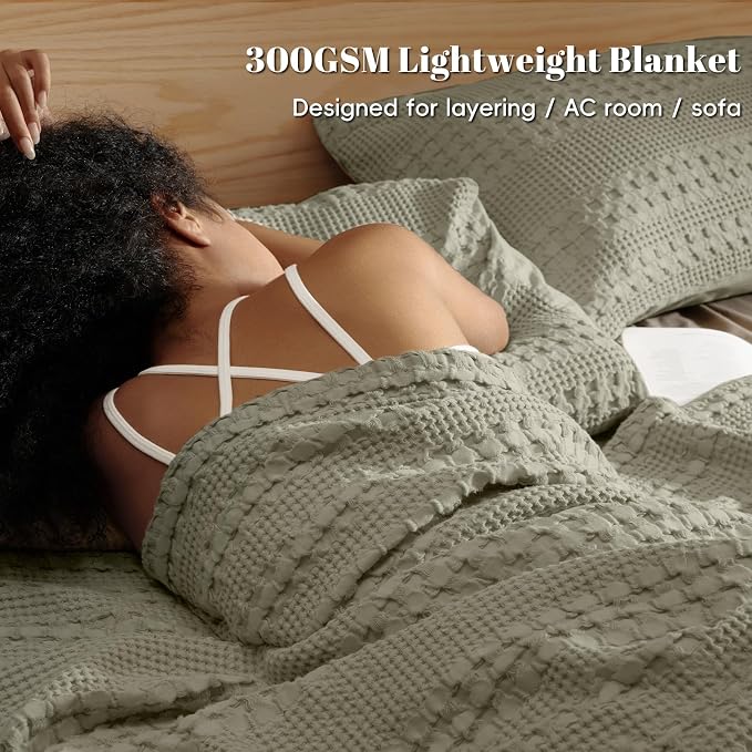 PHF 100% Cotton Waffle Weave Throw Blanket, Lightweight Breathable Summer Blanket for Couch Sofa, Pre-Washed Soft Throws for Bed, Office, Travel & Stylish Home Decor, 50"x60", Pearl Gray