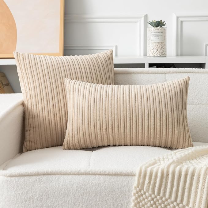 UGASA 12x24 Inch Pillow Cover Pack of 1 Soft Boho Stripe Corduroy Long Rectangular Lumbar Cushion Cover Farmhouse Decorative Throw Pillowcase for Bed, Couch, Sofa, Bedroom, Living Room, Beige