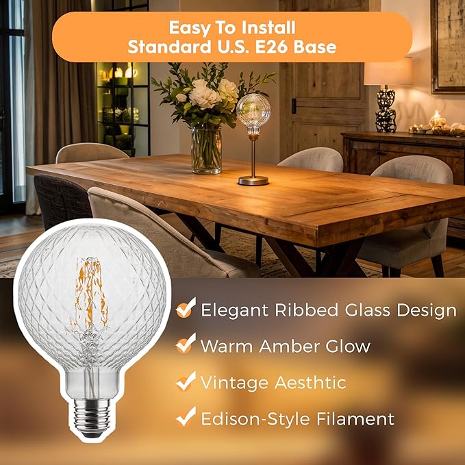 Edison Filament Bulb Pineapple Faceted, Vintage Light Bulbs Clear Crystal, G125 Large Round LED Bulbs, 4W Dimmable E26 Medium Base, Decorative Cut Glass Lights, 4 Pack