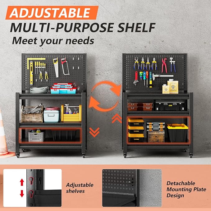 Workbench with Pegboard, Adjustable Shelving Work Table, Mobile Workstation with Lockable Wheels for Garage Warehouse Workshop Office, 47.2" H x 33.5" W x 18" D, Black