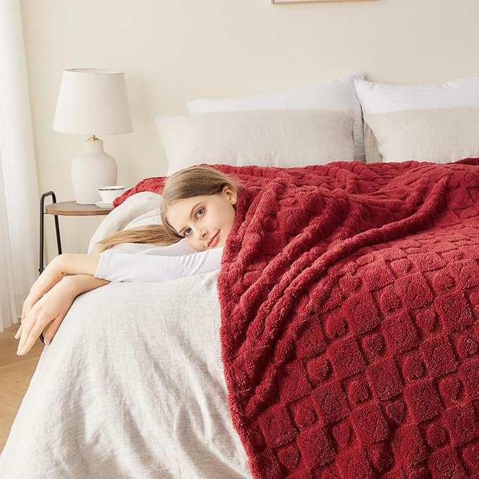 NEWCOSPLAY 3D Heart Checkered Flannel Queen Blanket, Red Heart, 90"x90" | Super Soft Cute Lightweight Decorative Premium Silky Fleece Blanket for Couch Sofa Bed, Gift for Women Men, All Season Use