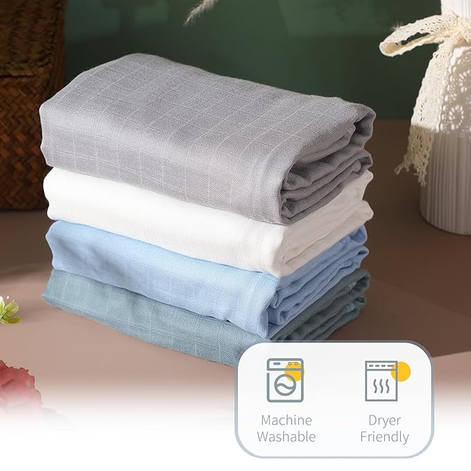 Preboun 4 Pcs Muslin Hooded Baby Towels,32"x 32" Cotton Newborn Bath Towel Muslin Infant Baby Blankets Absorbent Unisex Newborn Registry Gift for Girls Boys(Blue Series)
