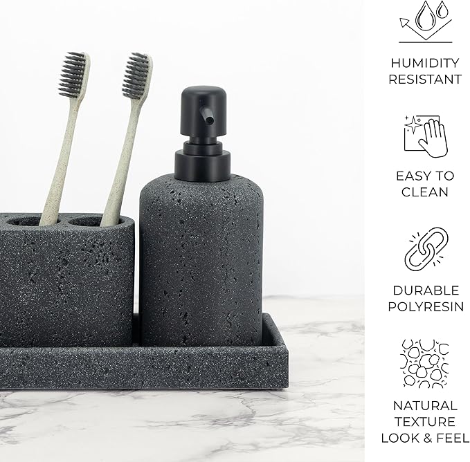 ZCCZ - Black Bathroom Accessories Set 4 Pcs - Toothbrush Holder, Soap Dispenser, Vanity Tray, Bathroom Tumbler - Countertop Vanity Organizer - Bathroom Accessory Set- Toothbrush Holder Set, Stone Sets