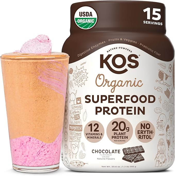 KOS Plant Based Protein Powder, Chocolate USDA Organic - Low Carb Pea Protein Blend, Vegan Superfood with Vitamins & Minerals - Keto, Soy, Dairy Free - Meal Replacement for Women & Men - 15 Servings