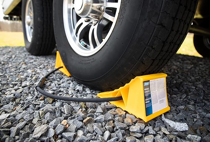 Camco Dual Standard RV Wheel Chock w/Rope - Heavy Duty Trailer Wheel Chock Constructed of Durable Plastic w/UV inhibitors - Features Rope Handle for Easy Removal - Use w/Tires Up to 26-in – 44470