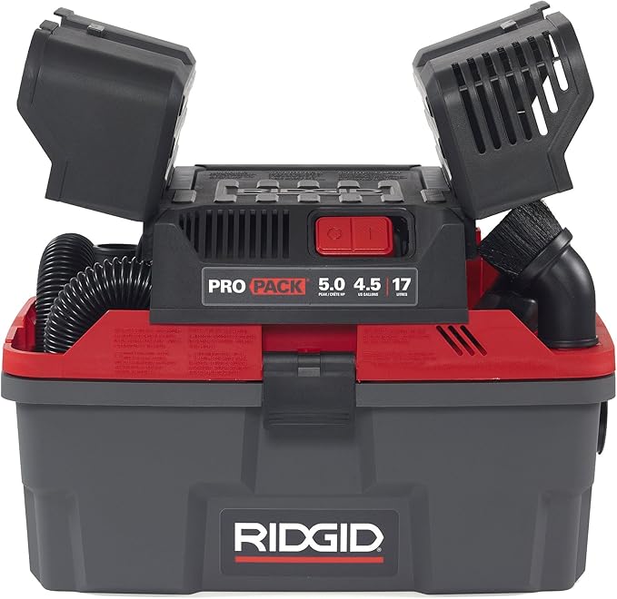RIDGID 50318 4500RV ProPack 4.5-Gal. Portable Wet Dry Shop Vacuum with Toolbox Design, 5.0 Peak HP Motor, Expandable Pro Hose, and Blower Port, Red