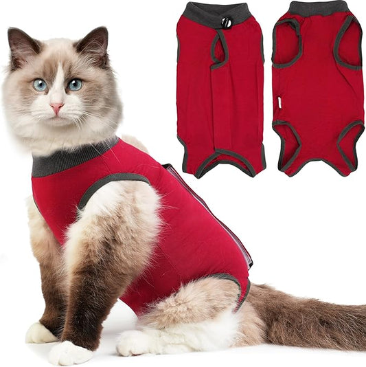 Cat Recovery Suit, Breathable Cat Surgery Recovery Suit Female, Kitten Onesie for After Surgery Spay Surgical Abdominal Wound Skin Diseases Cone of Shame Alternative (Red,S)