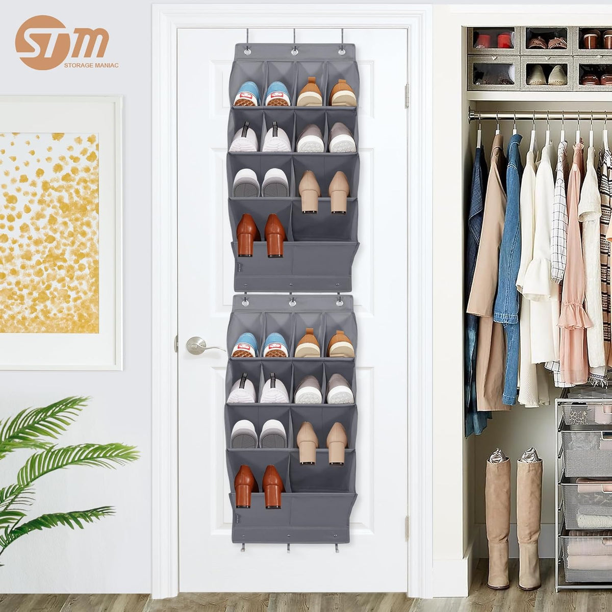 Storage Maniac Over Door Shoe Organizer - 2 Pack with 12 Large Pockets for Efficient Closet Storage | Grey