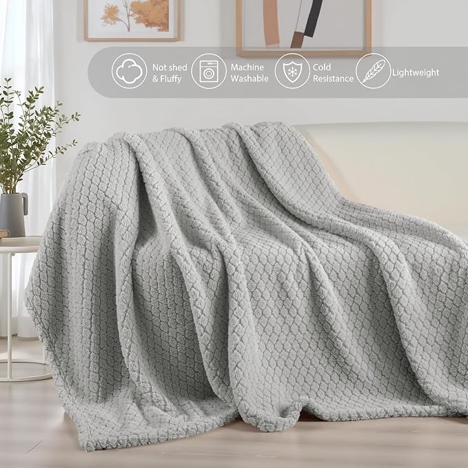 Exclusivo Mezcla Soft Fleece Queen Size Blanket for Bed, Light Grey | Jacquard Lightweight Cozy Bed Blanket, Breathable Decorative Fuzzy Textured All Season Use, 90x90 Inches