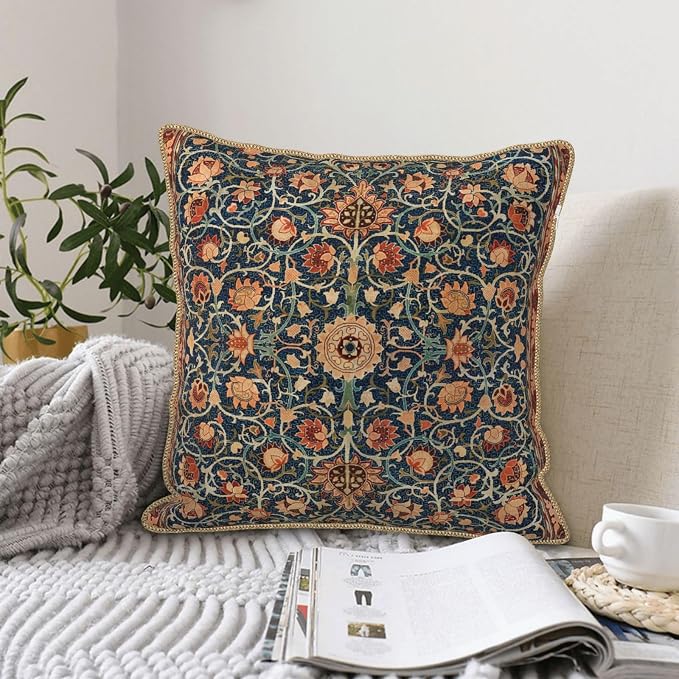 Floral Vintage Velvet Pillow Covers 18x18 In Orange Bohemian Tapestry Art Deco Throw Pillows for Couch Soft Durable Cushion Covers Pillowcase Antique Boho Flower Pillow Cases for Sofa Bed Living Room