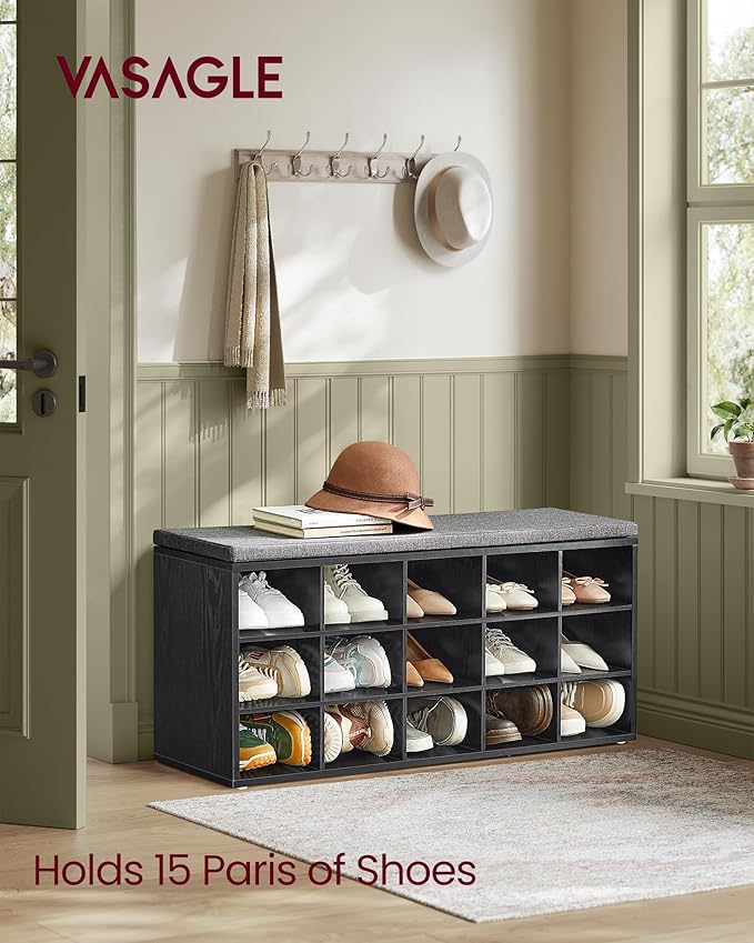 VASAGLE CUSTOS Collection - Shoe Bench, Storage Bench with Padded Seat, Entryway Bench with 15 Compartments, for Bedroom, 11.8 x 41.3 x 18.9 Inches, Ebony Black and Slate Gray ULHS015B02