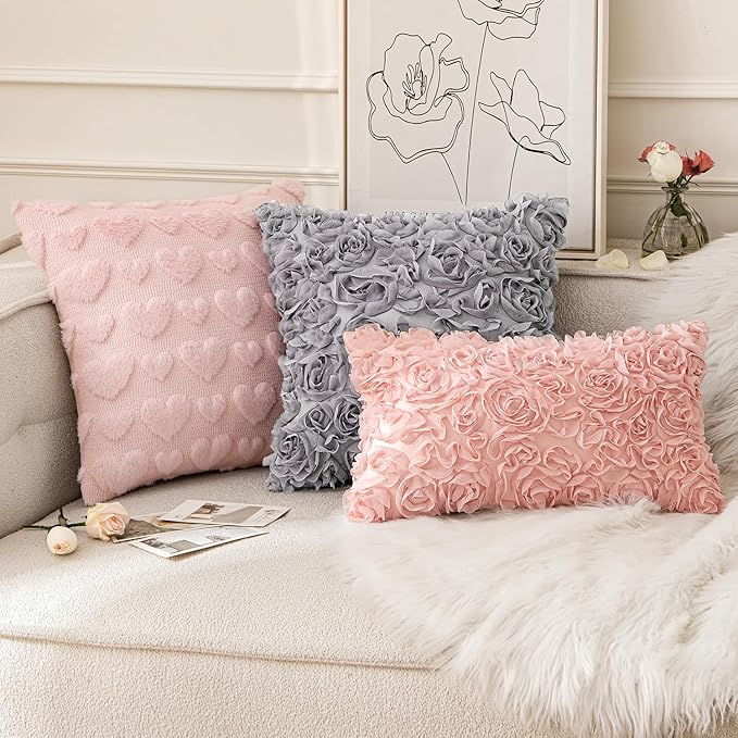 MIULEE Decorative Rose Flower Pillow Covers Pack of 2 Peach Pink 12x20 Inch | Cute Romantic Stereo Chiffon Throw Pillow Cover Aesthetic Solid Pillowcase for Girl Coquette Room Decor Coach Bedroom