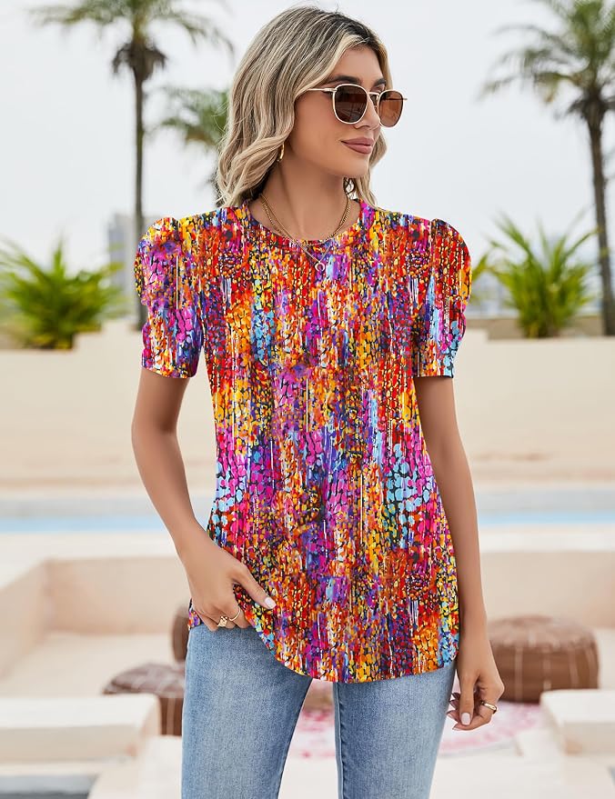 Ivicoer Puff Short Sleeve Shirt for Women Eyelet Tops Summer Crewneck Blouse Loose Fit S-XXL