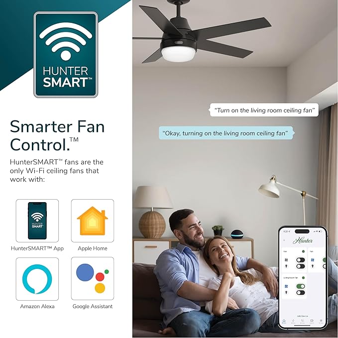 Hunter 52 inch Indoor Ceiling Fan with LED Light and Remote Control - White Modern Smart Ceiling Fan, Standard Mount, 5 Blades, For Bedroom, Living Room, or Kitchen, Quiet- Aerodyne 51336, Fresh White
