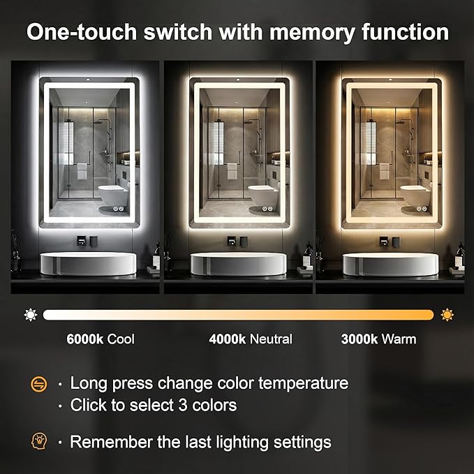 LED Bathroom Vanity Mirror with Light, 2pack 36"x24" Led Bathroom Vanity Mirror with Light for Wall, Anti-Fog, Dimmable 3 Colors, Memory Function, Backlit and Front Lit, Plug-in/Hardwired