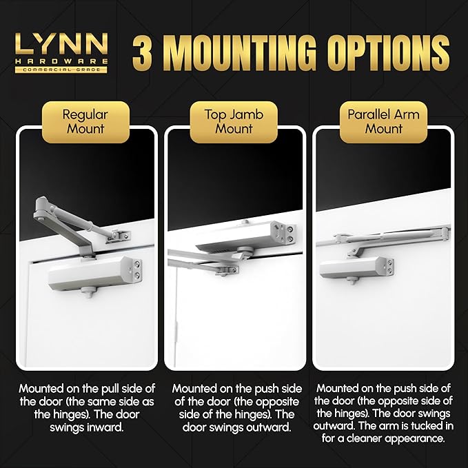 LYNN HARDWARE Light Duty Automatic Door Closer (Brass/Gold) - Highly Durable Cast Aluminum, Commercial or Home Use, Adjustable Speed Controls, 3 Mounting Options, 3 Hour Fire Rated (DC5003 Model)