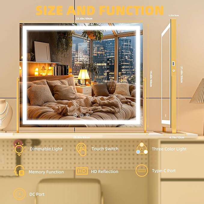 Vanity Mirror with Lights, 26'' x 22'' Lighted Makeup Mirror, Touch Screen with 3-Color Lighting, Dimmable for Vanity Desk Tabletop Square Gold