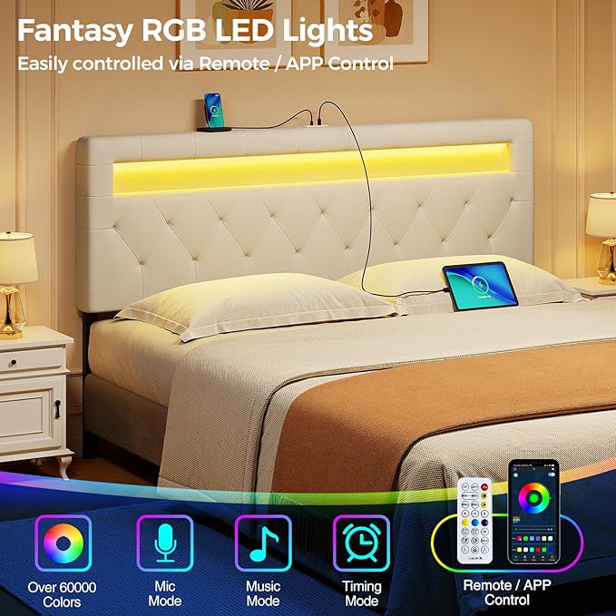 GREENSTELL Headboard for Queen Size Bed with 60,000 DIY Color of LED Light, USB & Type C Post, Upholstered, Height Adjustable, Sturdy, Easy Assembly, Wall Mounted Head Boards Only, White