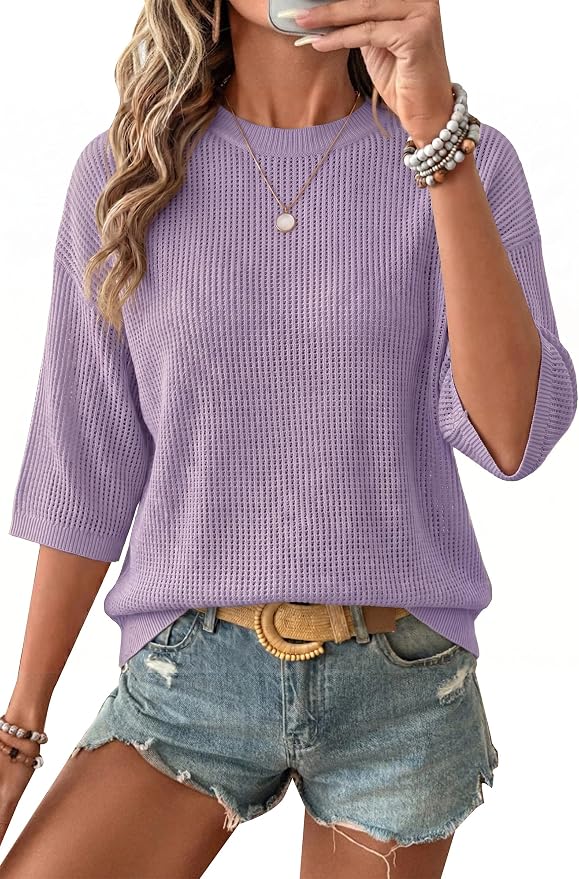 Arach&Cloz Womens Summer 100% Cotton Oversized Crochet Tops 3/4 Length Sleeve Sweater Hollow Out Casual Blouses 2026