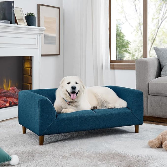 39x25 Inch Large Dog Sofa, Modern Jumbo Pet Couch Made Made by Linen with Armrest and Backrest - Indoor Elevated Dogs Chaise Bed for Doggy up to Medium and Large (Blue)