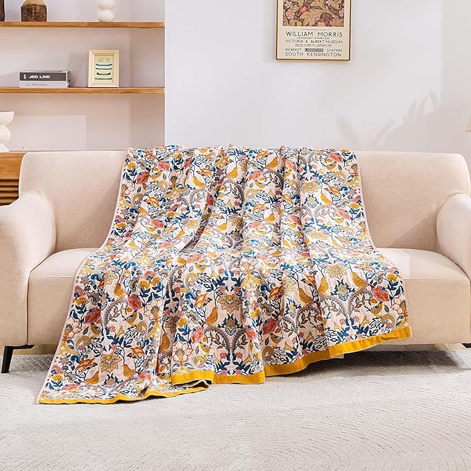 XIBLC Boho Blanket Throw Quilt, 100% Cotton Soft Light Weight Throw Blankets for Summer, 90"x98" Farmhouse Flower Decorative Blankets, All Season Rustic Reversible Bohemian Throw Quilt