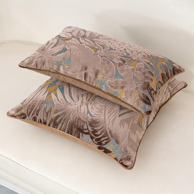 Alerfa Brown Throw Pillow Cover 12x20 Inch, Rectangle Cut Velvet Maple Leaf Embroidery Luxury Farmhosue Lumbar Decorative Pillow Cover for Couch Living Room Bedroom