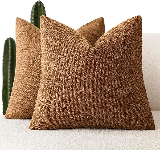 Foindtower Set of 2, Decorative Textured Boucle Throw Pillow Covers Accent Solid Pillow Cases Neutral Soft Cozy Couch Cushion Case for Chair Sofa Bedroom Living Room Home Decor 16x16 Inch Hazel Brown