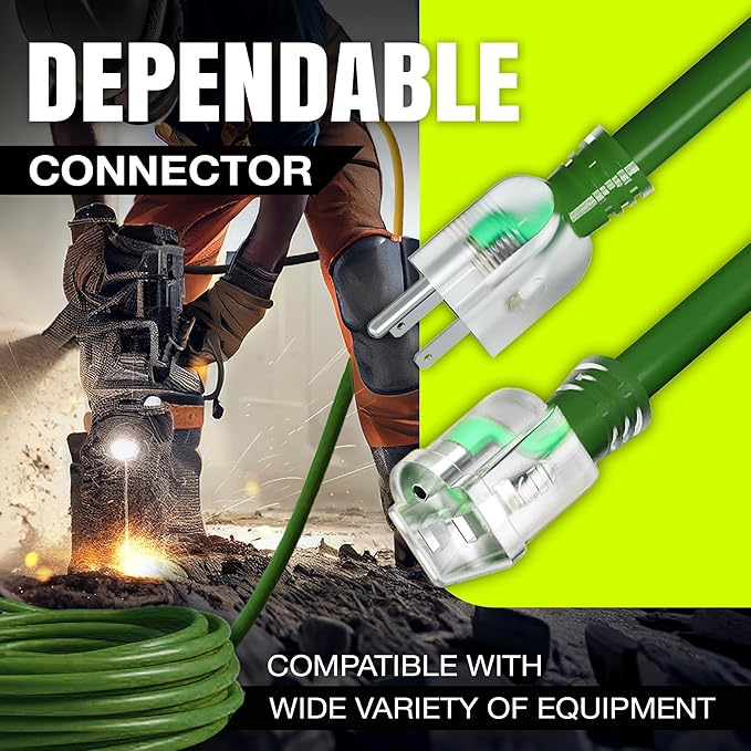 10ft Outdoor/Indoor Extension Cord 16/3 Gauge Heavy Duty 3 Prong SJTW, Waterproof, Flexible Cold-Resistant Long Power Cord,13A 125V 1625W, Green by LifeSupplyUSA