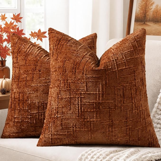 decorUhome Textured Chenille Throw Pillow Covers 18x18 Set of 2 Rust | Fall Modern Farmhouse Soft Cozy Slubby Couch Pillow Cases Boho Decorative Pillow Cases for Bed Sofa Living Room Home Decor