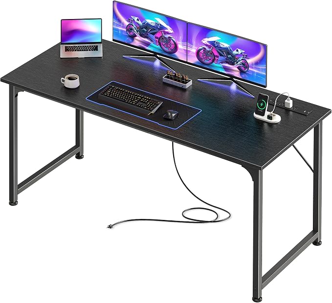 PRAISUN 55 X 20 Inch Computer Desk, Power Outlets, USB-C, Black | Office Desk with 4 AC Outlets, USB & USB-C, Sturdy Metal Frame, Spacious Desktop for Work, Writing, Study & Gaming