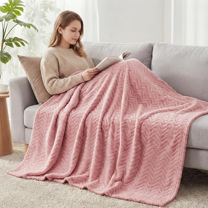 Exclusivo Mezcla Soft Fleece Blanket Queen Size for Bed, Sofa, Pink | 90"x90" Breathable Lightweight Flannel Blanket for Summer, Plush Cozy Jacquard Wave for Home Decor