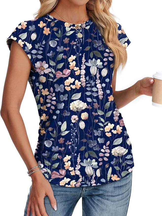Sampeel Womens Summer Tops Trendy 2026 Ruched Cap Short Sleeve Tshirts Shirts Crew Neck T Shirts Fashion