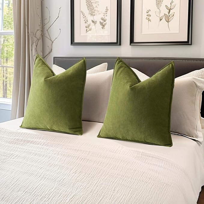 MIULEE Pack of 2 Moss Green Decorative Chenille Pillow Covers 20x20 Inch | Soft Couch Throw Pillows,Farmhouse Cushion Covers with Elegant Design for Sofa,Bedroom,Living Room,Spring Home Decor