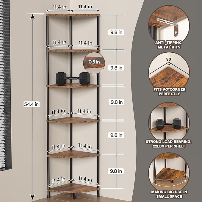Corner Plant Stand Shelf, 6 Tier Tall Shelf for Indoor Plants, Rustic Brown Corner Bookshelf Wall Decor Living Room, 54.4" Display Shelves for Bedroom, Bathroom, Small Space