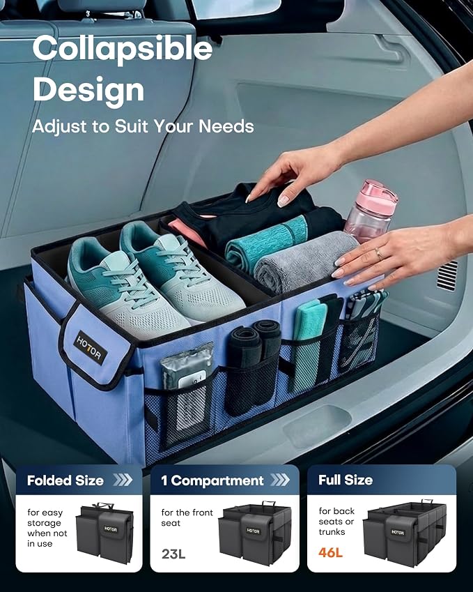 HOTOR Trunk Organizer for Car - Car Organizer, Foldable Trunk organizer for SUVs & Sedans, Sturdy Organization for Car Accessories, Tools, Sundries, Blue, 2 Compartments, 23.6"��14.2"��10.6"