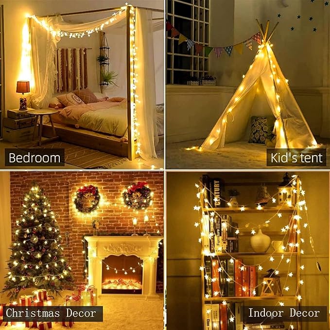Fairy Star String Lights Plug in, 33ft 100 LED Cute Stars Shaped Lamp 8 Modes for Bedroom Classroom Dorm Porch Wedding Birthday Party Christmas Tree Indoor Outdoor Hanging Decorations (Warm White)