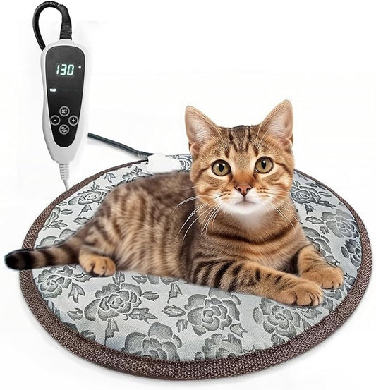 Cat Heating Pad Round with Smart Thermostat Switch and Power Line Protection Tube,Obtained MET and UL Dual Certification,Waterproof Pet Heating Pad for Cats-Rose