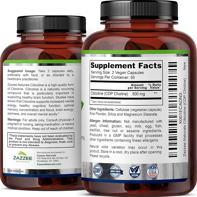Zazzee Extra Strength Citicoline, 500 mg per Serving, 100 Vegan Capsules, Superior CDP Choline Form, 100% Vegetarian and Pharmaceutical Grade, 50-Day Supply, All-Natural and Non-GMO