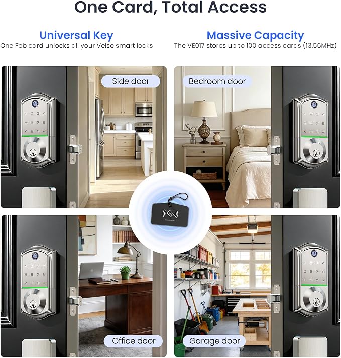 Veise VE017 Fingerprint Smart Door Lock, App Control, 8-in-1 Keyless Entry, Auto Lock, Emergency Power Port, Electronic Touchscreen Keypad, Biometric Smart Locks for Front Door, Satin Nickel